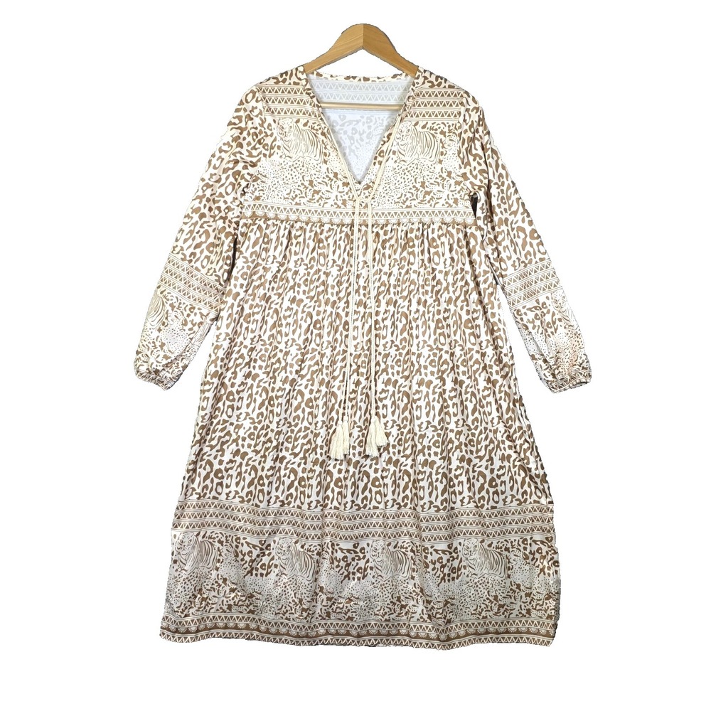 R. Vivimos Boho‎ Animal Tiger Print Midi Dress Empire Waist V-Neck Boho M L
